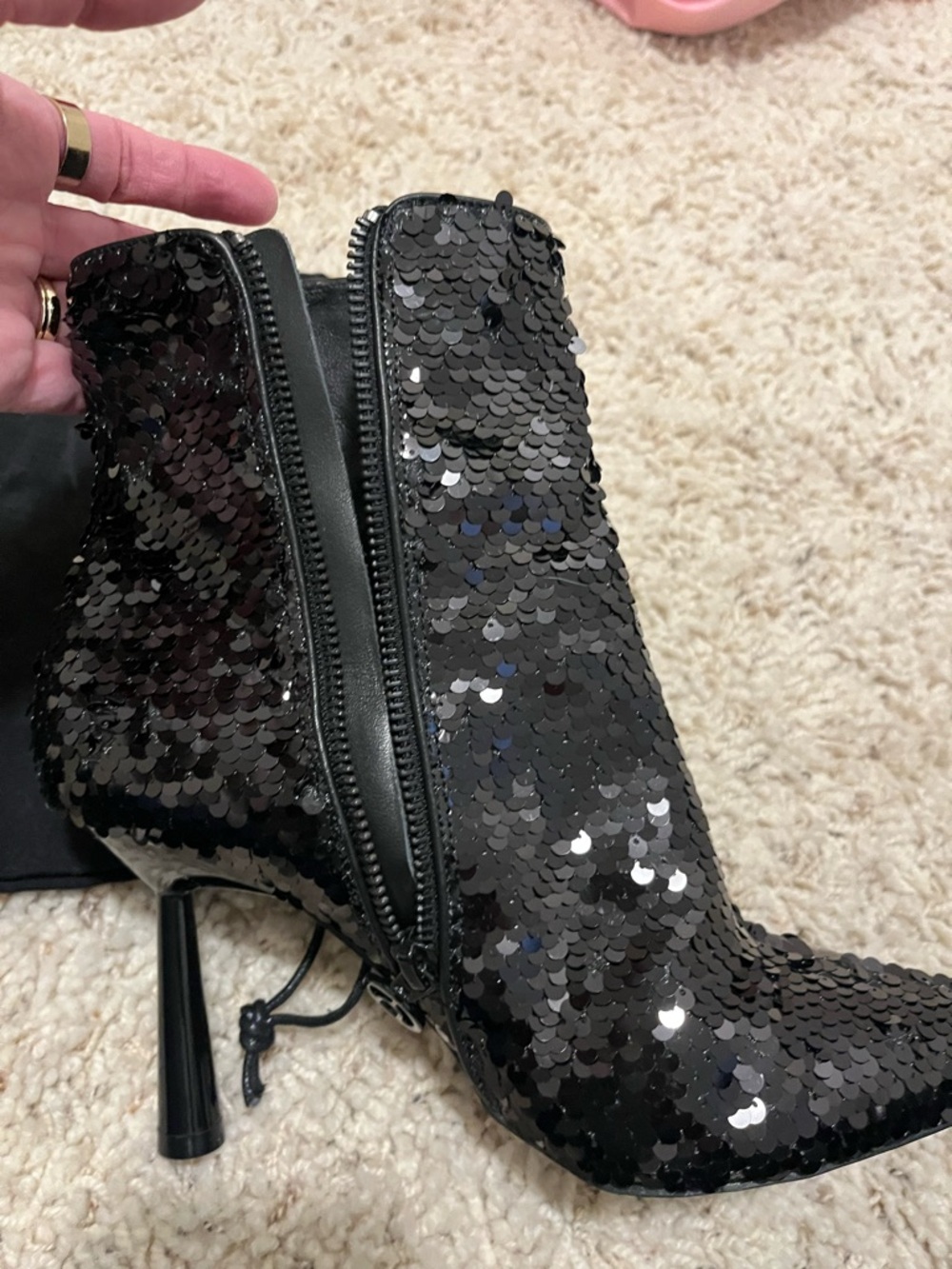 Sequin Pointed Toe Ankle Booties - Black